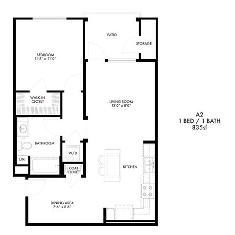 Floor plan for 1 bed, 1 bath, 835 sqft